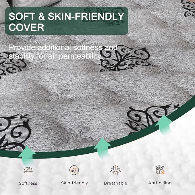 Queen Mattress, 14 Inch Hybrid Mattresses in Box with Gel Memory Foam & Pocket Spring, Euro Top, Medium Firm for Back Support & Pressure Relief, Motion Isolation, Grey