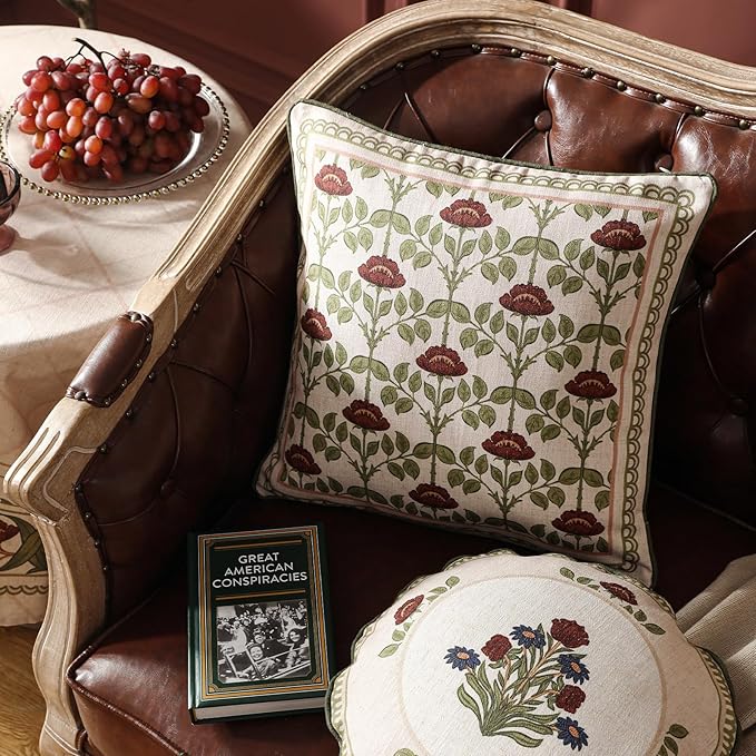 Design Linen Square Throw Pillow Covers 18"x18" Pack of 2, Yellow Green French Cushion Covers with Red Rose Floral Pattern Decoration Pillowcases for Bed, Living Room, Outdoor, Car