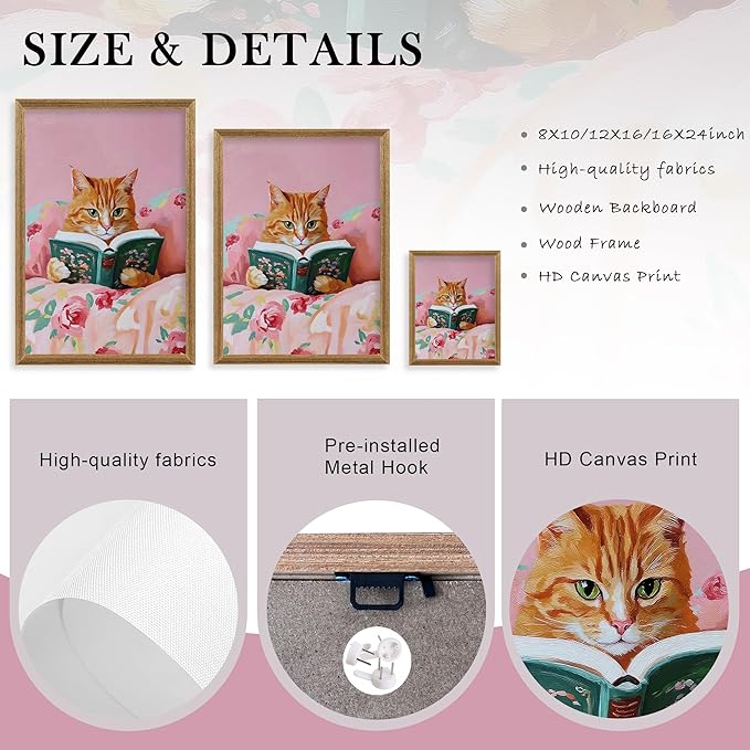 Framed Vintage Cat Canvas Wall Art, Funny Pink Animal Reading Books Painting Picture Print, Cute Kitten Lovers Aesthetic Wall Decor for Nursery Girls Room Bedroom Kids Room 24''L x 16''W