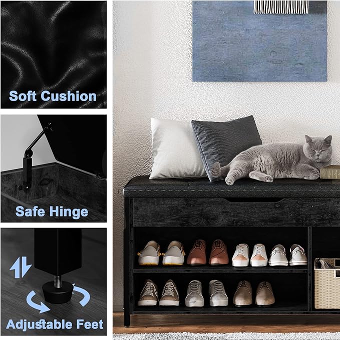 Shoe Bench, Lift Top Shoe Storage Bench, Adjustable Shelf Entryway Bench, Metal and Wood Shoe Rack Organizer with Cushion for Entry, Bedroom, Closet, Living Room, Hallway, Black 39.5W