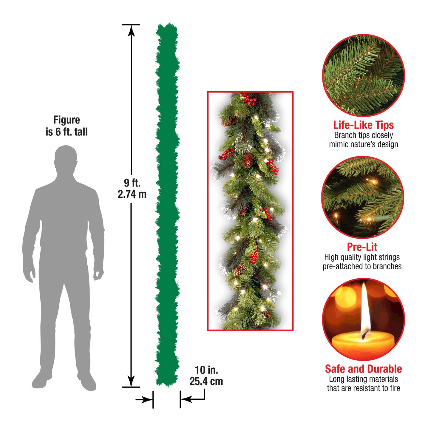 National Tree Company Pre-Lit Artificial Christmas Garland, Green, Crestwood Spruce, White Lights, Decorated with Glitter, Pinecones, Berry Clusters, Battery Operated, Christmas Collection, 9 Feet