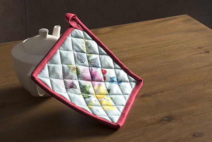 Maison d' Hermine Pot Holders 100% Cotton Heat Resistant Potholders 8" x 8" Hot Pads with Loop BBQ, Cooking, Baking, Grilling, Kitchen, Handling Hot Pans Spring/Summer (Pack of 1, Jardin D'Ete - Mint)