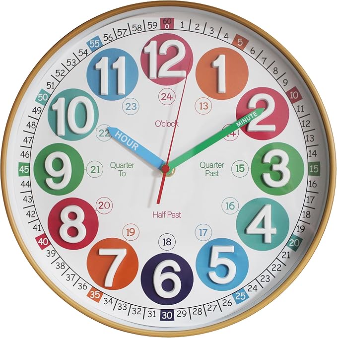 Learning Time Clock for Kids,12 Inch 3D Numbers Colorful Clock Face Silent Clocks，Bedroom,Kitchen,Classroom,Décor at School, Clear Digital Wall Clock for Kids Room (3D Wood Color Classic)