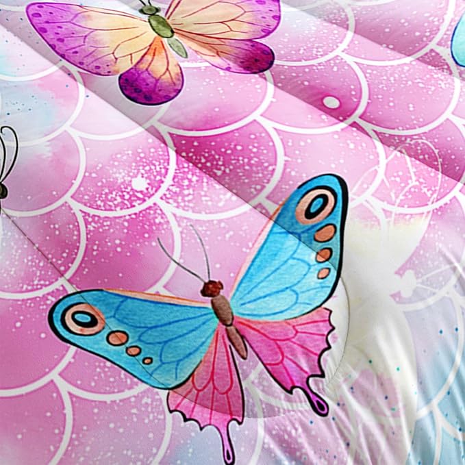 Kids Comforter Set Mermaid Scale Butterfly Printed Pattern Bedding Set with 1 Comforter and 2 Pillowcases for Girls Boys Bedroom All Season(Mermaid Queen)