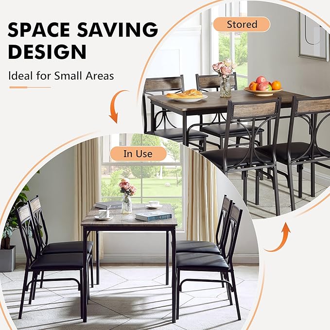 VECELO Kitchen Dining Room Table Set with 4 Chairs for Small Space, Apartment,Metal Steel Frame