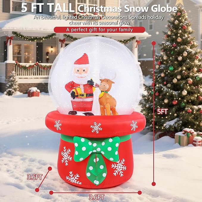 Christmas Inflatable Outdoor Decorations, 5FT Inflatables Snow Globe Yard Decor with Santa Claus & Reindeer, Rotating Lights Blow up Xmas Snowglobe Holiday Decoration for Outside Lawn Garden Indoor