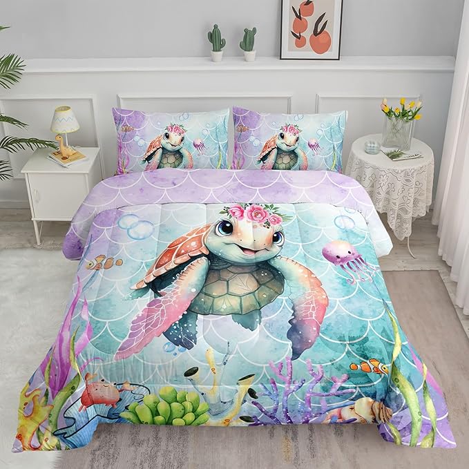 Kids Comforter Set Mermaid Scale Turtle Printed Pattern Bedding Set with 1 Comforter and 2 Pillowcases for Girls Boys Bedroom All Season(Turtle Full)