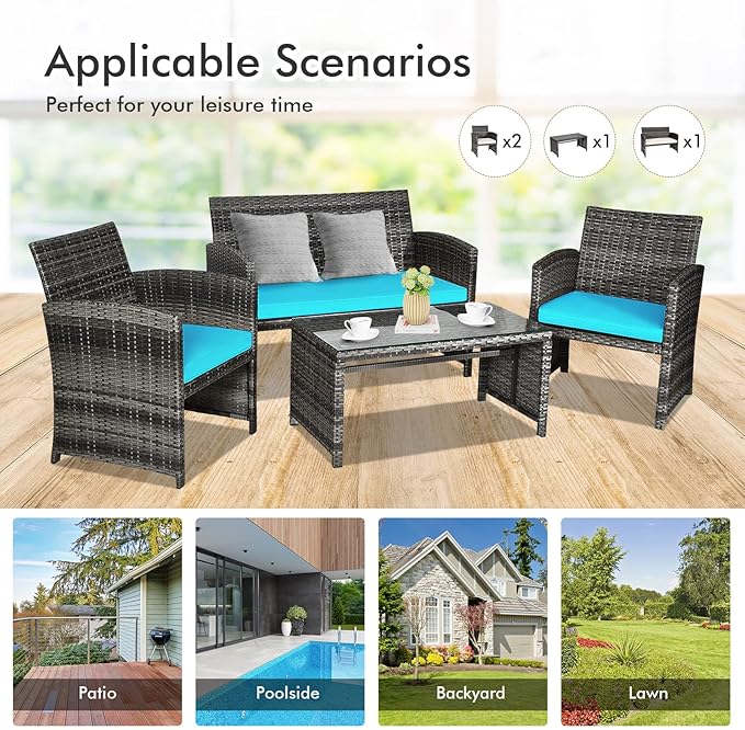 Goplus 4-Piece Rattan Patio Furniture Set, Outdoor Wicker Conversation Sofa with Weather Resistant Cushions and Tempered Glass Tabletop for Lawn Backyard Pool Garden (Turquoise)