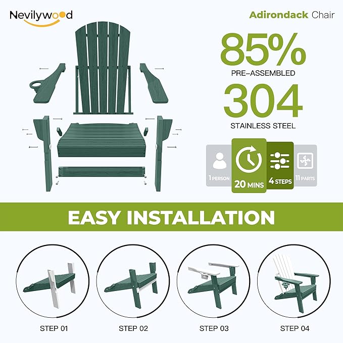 nevilywood Folding Adirondack Chair - Extended Ergonomic Backrest, Cup Holder - Easy Assembly - Durable HDPE Plastic, Weather Resistant & Maintenance-Free - Lawn, Patio, Deck Supports 380lbs Green