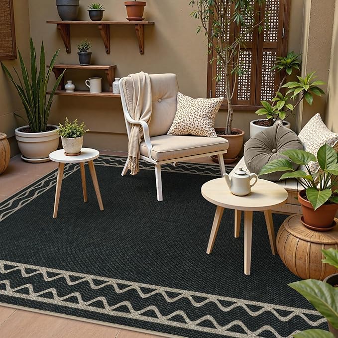 OJIA Easy Jute Washable Rugs 5x7 Outside Rug, Modern Outdoor Patio Rug for Living Room Wavy Border Indoor Outdoor Rug Farmhouse Non-Slip Black Carpet Geometric Area Rug for Backyard Dining Room