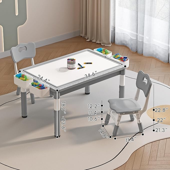 Kids Table and 2 Chairs with Storage, Children Water and Sand Activity Tables Height Adjustable, 34.6''L x 24.4''W Toddler Table for Buliding Blocks, Drawing, Eating, for Kids Age 2-10, Grey