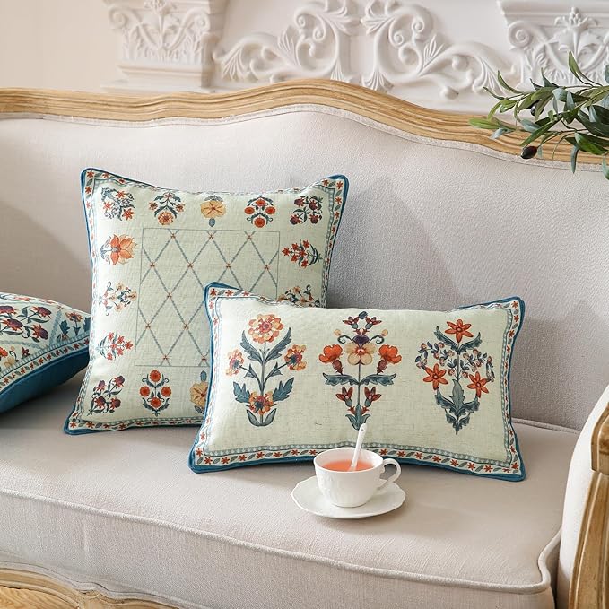 Design Lumbar Linen Throw Pillow Covers 12"x20" Pack of 2, Blue Country Cushion Covers with Colorful Wildflower Pattern Decor Rectangle Pillowcases for Bed,Living Room,Outdoor,Car