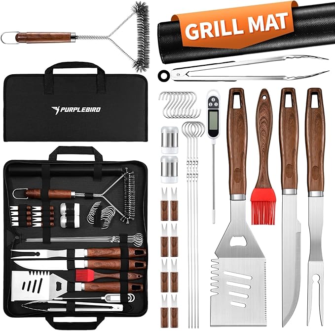PURPLEBIRD 31PCS Grill Set for Outdoor Grill - Grilling Gift for Men & Dad, Heavy Duty Stainless BBQ Tools Kit for Camping, Grilling Utensils Set with Cleaner Brush, Thermometer, Storage Bag, BBQ Mat