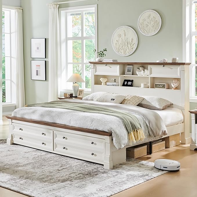 Farmhouse King Size Bed Frame with 54" Tall Storage Bookcase Headboard, Wood Platform Bed Frame with 2 Drawers & 18" Tall Roman Column Decoration Footboard, No Box Spring Needed(Antique White)