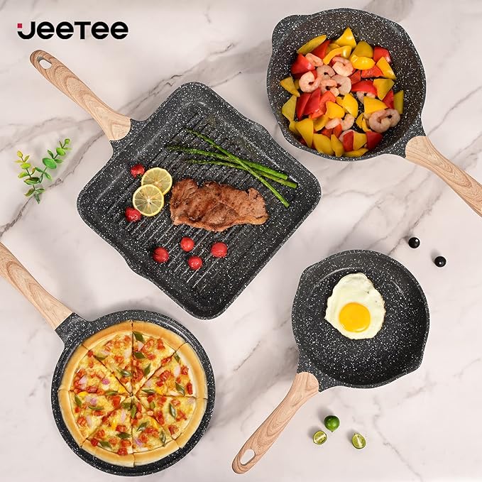 JEETEE Pots and Pans Set Non Stick 23pcs, Healthy Kitchen Cookware Sets, Induction Cooking Set W/Gray Frying Pans, Saucepans, Sauté & Griddle & Crepe Pan (PFOA, PFAS, PFOS Free)