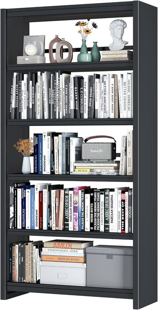 Bookshelf,5 Tier Bookshelves,69" Tall Metal White Bookcase,Install Simple Bookshelves for Bedroom, Living Room,Home Office/Library (Black)