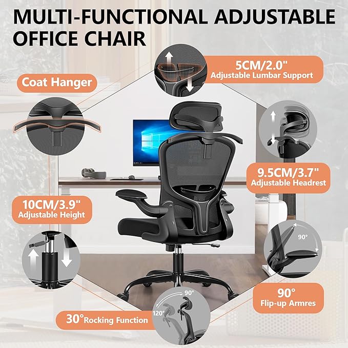 FelixKing Office Chair with Headrest, Ergonomic Desk Chair with Wheels, Task Swivel Comfy Chair with Adjustable Lumbar Support, Breathable Mesh Computer Chair with flip-up Armrests for Home (Black)