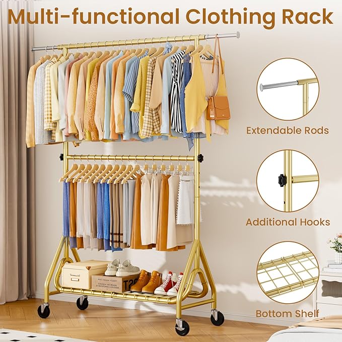 Heavy Duty Clothes Rack for Hanging Clothes, Double Rods Clothing Rack with Lockable Wheels, Rolling Metal Garment Racks Heavy Duty, Portable Wardrobe Closet Racks, Gold