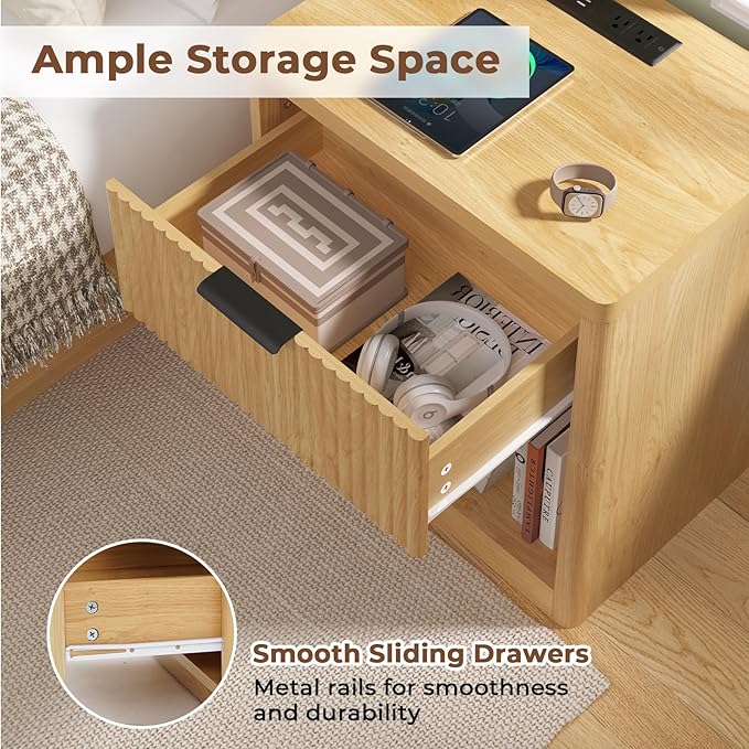 HOMMPA 22'' Fluted Nightstand Set of 2 with Charging Station, Modern Bedside Table w/Storage, Bedside End Table w/Open Compartment, Mid Century Modern Wood Night Stand for Bedroom, Living Room