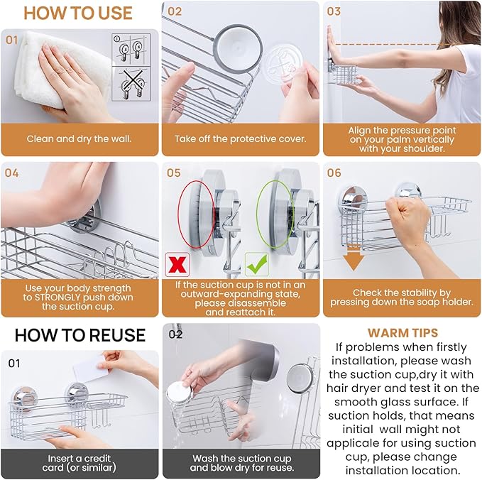 LEVERLOC Shower Caddy Suction Cup, Organizer with Hooks & Soap holder for Inside Shower, Removable Bathroom Shelf