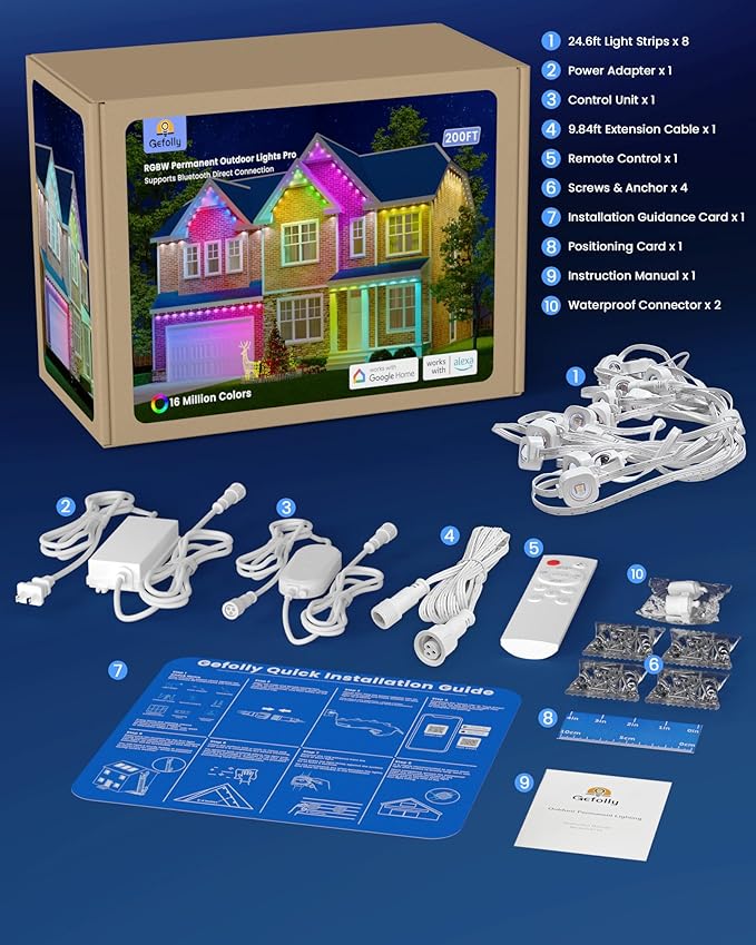 Gefolly Permanent Outdoor Lights Pro, 200ft with 120 RGBW Double-LED Light 111 Scene Modes for Daily, Halloween, Christmas, IP67 Waterproof for Outdoor Decor, Works with Alexa, Google Assistant, White