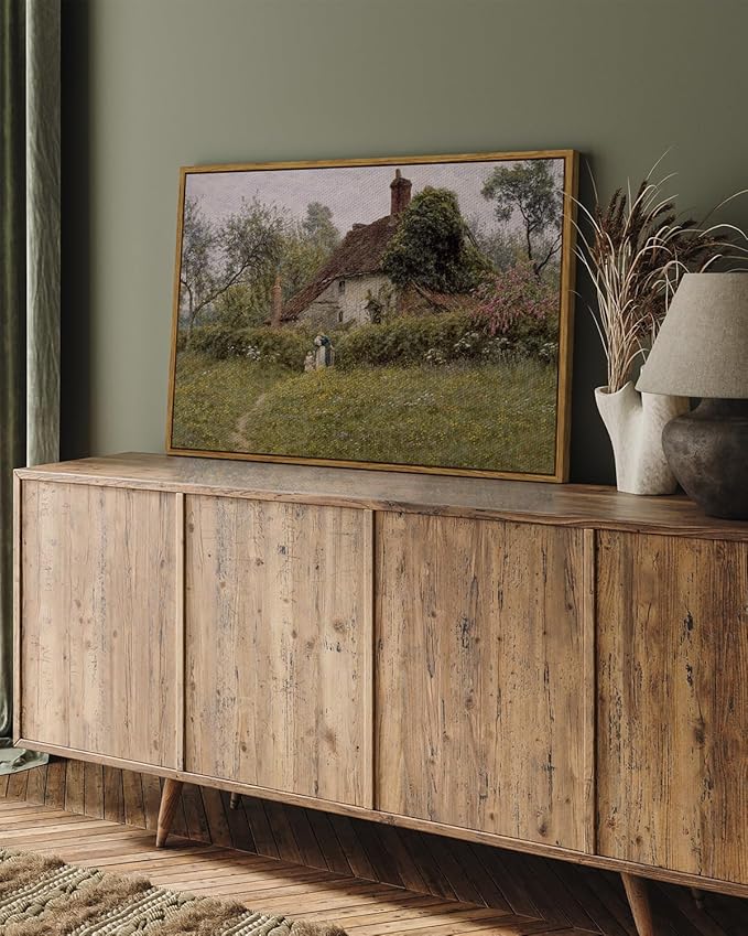 InSimSea Framed Canvas Wall Art Vintage Decor, Old Cottages Countryside Large Canvas Wall Art, Rustic Farmhouse Hanging Wall Decor for Bedroom Living Room Bathroom, 24"x36"