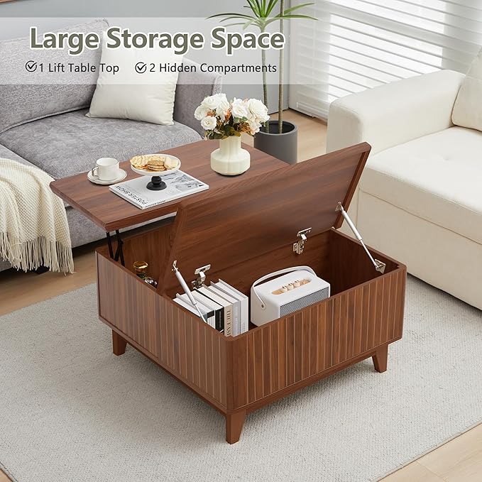 Lift Top Coffee Table, Square Coffee Table with Hidden Storage Compartment, Farmhouse Wood Center Table Dining Table for Living Room, Bedroom, Home Office (Walnut)