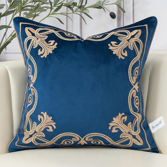 Aeckself European Floral Pillow Cover 20x20 Inch, Luxury Velvet Embroidered Decorative Throw Pillow Cover for Couch Bedroom Living Room, Navy Blue and Gold, Yw-OBYG-Blue5050