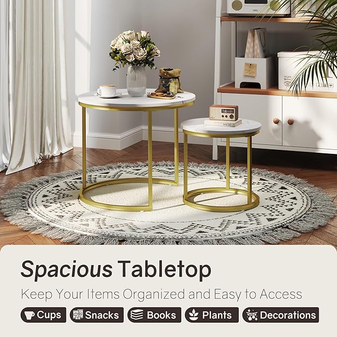 Nesting Tables Set of 2, Round Coffee Table, Small Nesting Coffee Table with Adjustable Non-Slip Fee, White Marble Top Stack Nesting Tables Set of 2 for Living Room, Bedroom (White)