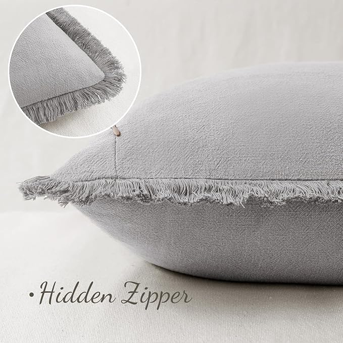 MIULEE Decorative Throw Pillow Covers Neutral Linen Fringe Throw Pillows Set of 2 Light Grey Boho Farmhouse Cushion Covers with Tassels for Couch Sofa Bed Living Room Spring Home Decor 18x18 Inch