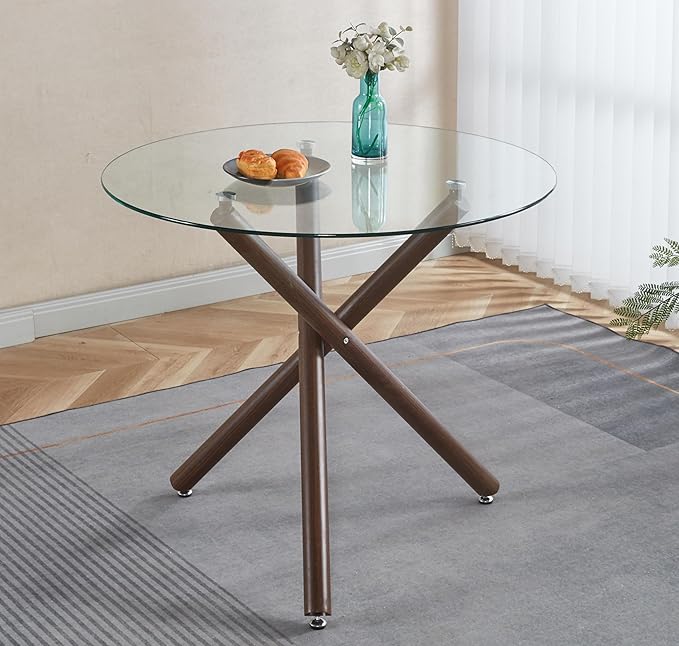 Round Glass Dining Table,Glass Dining Room Table with Tempered Glass Tabletop and Metal Legs, Modern Style Glass Kitchen Table for Home, Kitchen, Dining Room