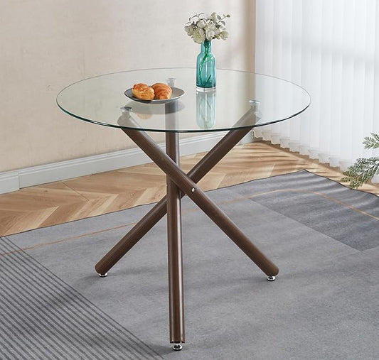 Round Glass Dining Table,Glass Dining Room Table with Tempered Glass Tabletop and Metal Legs, Modern Style Glass Kitchen Table for Home, Kitchen, Dining Room