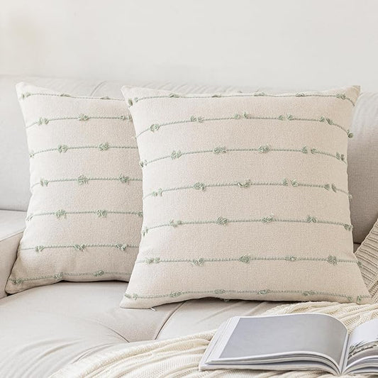 Boho Throw Pillow Covers 26x26 Set of 2 Modern Farmhouse Decorative Cushion Case Tufted Square Pillows Cover Neutral Pillow Cases Accent Pillowcase for Sofa,Couch,Bed,Beige and Green