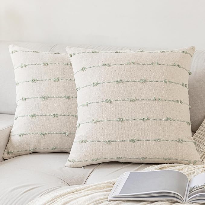 Boho Throw Pillow Covers 22x22 Set of 2 Modern Farmhouse Decorative Cushion Case Tufted Square Pillows Cover Neutral Pillow Cases Accent Pillowcase for Sofa,Couch,Bed,Beige and Green