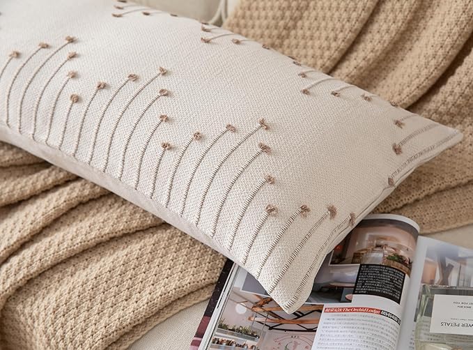 Caflife Boho Lumbar Pillow Cover 14x36 Long Pack of 1 Decorative Pillows Bed, Beige with Tan Body Throw Pillow Covers, for Modern Farmhouse Sofa Bedroom Living Room Home Decor Couch Pillowcase
