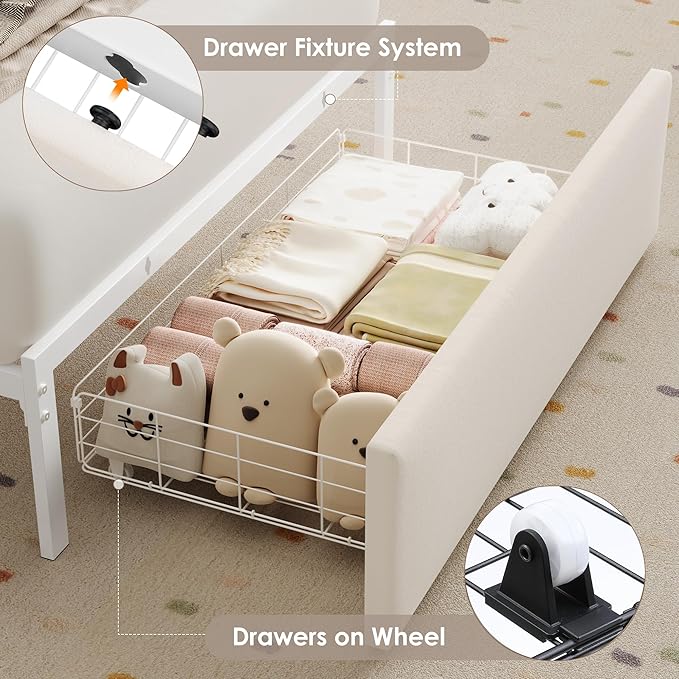 Keyluv Twin Bed Frame with Storage Headboard & Charging Station, Upholstered LED Platform Bed with Bedside Storage Rack & Drawer, Metal Slat Support, No Box Spring Needed, Velvet Fabric, White