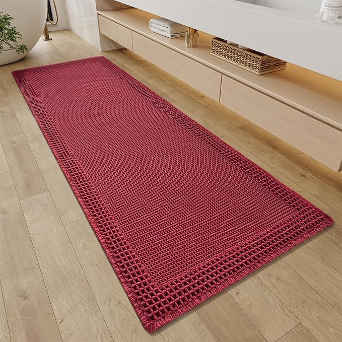 RESARE Waffle Bathroom Runner Rugs, Super Absorbent Bath Mat Non Slip Washable Quick Dry, Upgraded Ultra Soft Boho Bath Rugs with Tassels for Hallway Bedroom Laundry Room, 2'x6'(24"x72"), Red