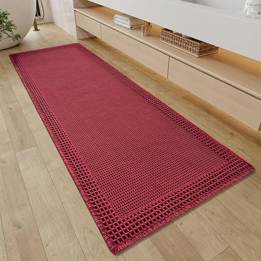 RESARE Waffle Bathroom Runner Rugs, Super Absorbent Bath Mat Non Slip Washable Quick Dry, Upgraded Ultra Soft Boho Bath Rugs with Tassels for Hallway Bedroom Laundry Room, 2'x6'(24"x72"), Red