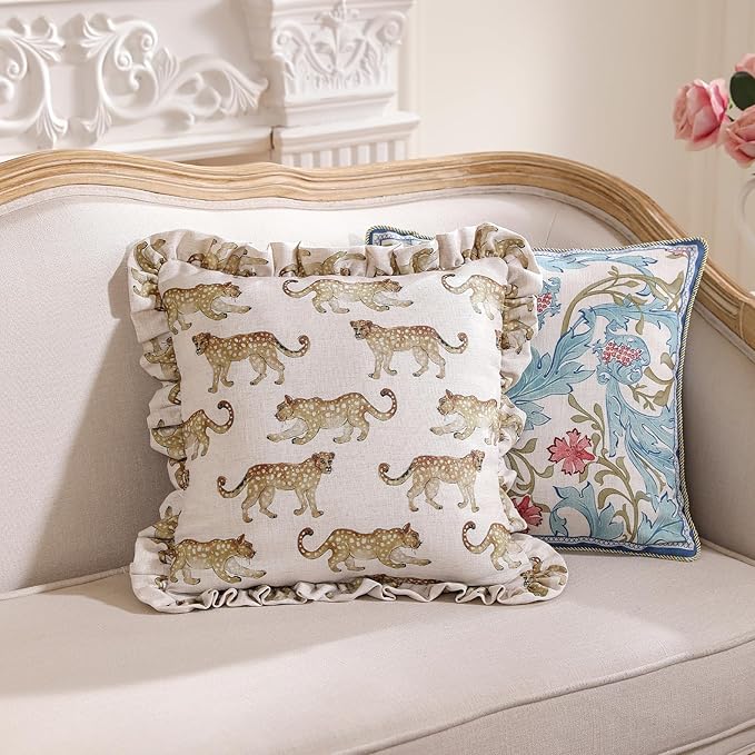 patdrea Designer Throw Pillow Covers for Couch 18"x18",Vintage Linen Pillows Cover with Cheetah Pattern and Luxury Pendant,Farmhouse Decorative Pillowcases for Bed Living Room Outdoor Set of 2