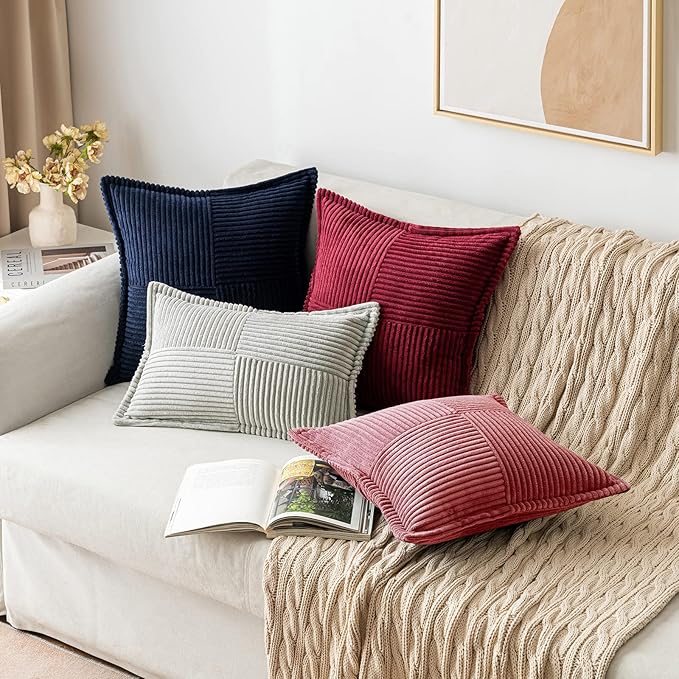 MIULEE Decorative Throw Pillow Covers for Couch Bed Livingroom 18x18 Inch Set of 2 Cranberry Red Boho Accent Throw Pllows Broadside Striped Patchwork Soft Corduroy Pillowcases