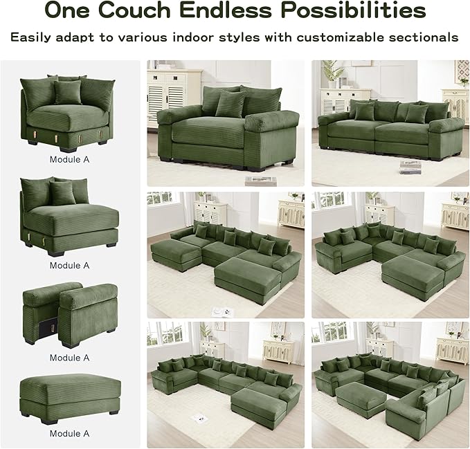 KEIKI 83" Oversized Corduroy Modular Sectional Loveseat Sofa with 2 Ottoman, High-Density Foam Cushion, Extra-Thick Armrest, Modern 2-Seater Fluffy Corner Couch with 6 Pillow, for Living Room, Green