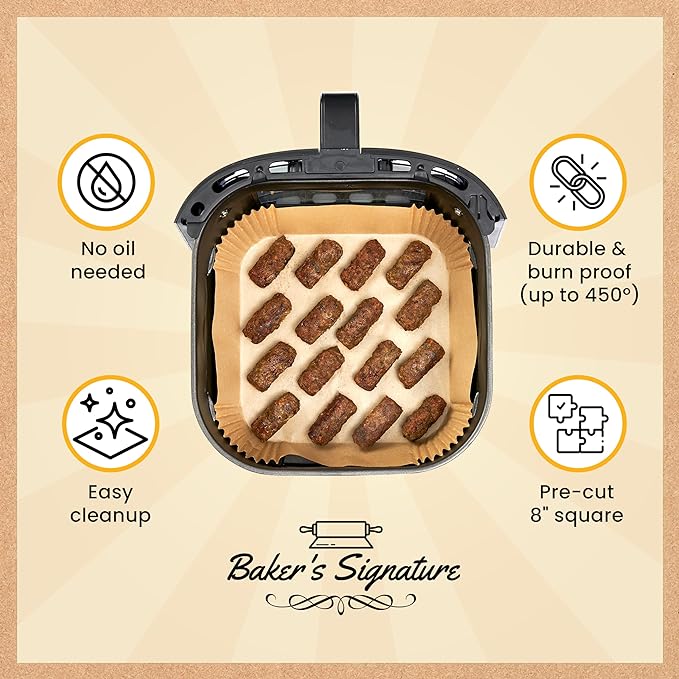 250 pcs Air Fryer Liners, Disposable Airfryer Paper Liners – Non-Stick and Oil Proof for Easy Cleanup, Great for Oven, Pans & Baking – 8” Square for 5-8 qt Basket by Baker's Signature