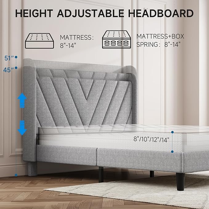 koorlian Full Size Bed Frame, Full Bed with Headboard, Adjustable Upholstered Bed Frame with Type-C&USB Port, Wingback Storage Headboard, Noiseless, No Box Spring Needed, Light Gray
