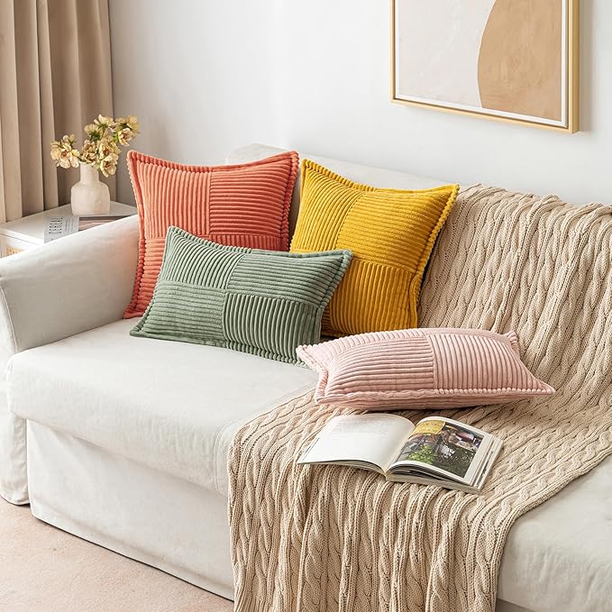 MIULEE Decorative Throw Pillow Covers for Couch Bed Livingroom 16x16 Inch Set of 2 Light Olive Green Boho Accent Throw Pllows Broadside Striped Patchwork Soft Corduroy Summer Pillowcases