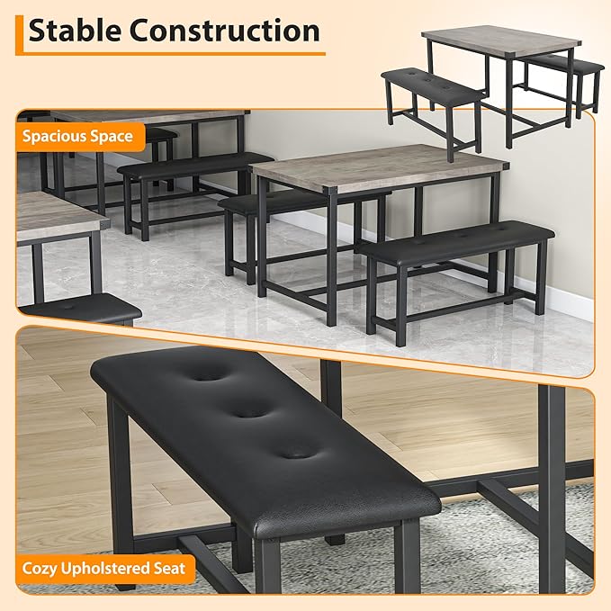 Dining Table Set for 4, Dining Room Table Set with 2 Upholstered Benches, Small Kitchen Table Set, 3 Piece Farmhouse Rectangular Dining Room Table Set, Space Saving Dining Table for Apartment