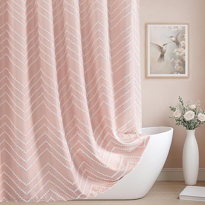 Long Blush Pink Boho Shower Curtain Cute Shower Curtain Textured Tufted Chevron Striped Minimalist 72 x 78 Bathroom Shower Curtains