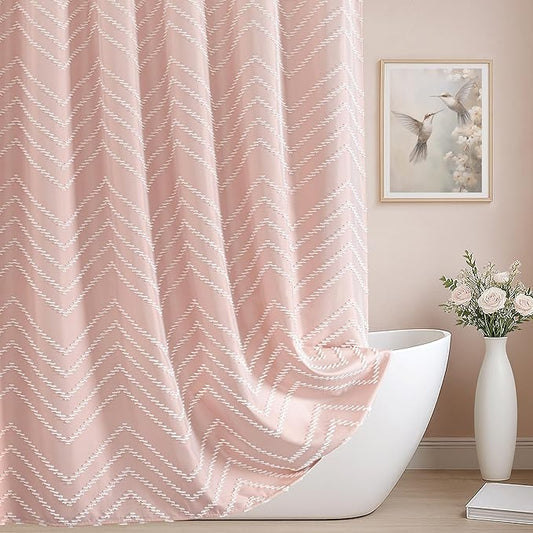 Long Blush Pink Boho Shower Curtain Cute Shower Curtain Textured Tufted Chevron Striped Minimalist 72 x 78 Bathroom Shower Curtains