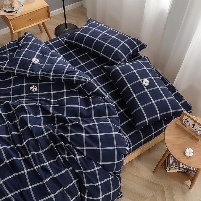 FACE TWO FACE Bedding Duvet Cover Set 3 Pieces 100% Washed Cotton Duvet Cover Linen Like Textured Breathable Durable Soft Comfy (King, Dark Blue Grid)