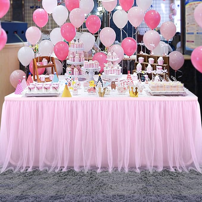 Suppromo 2 Pack 6ft Pink Tulle Table Skirts for Rectangle Tables or Round Tables Pink Tutu Tablecloth Cover for Princess Baby Shower Girls Birthday Party Wedding Cake Dessert Table Decorations