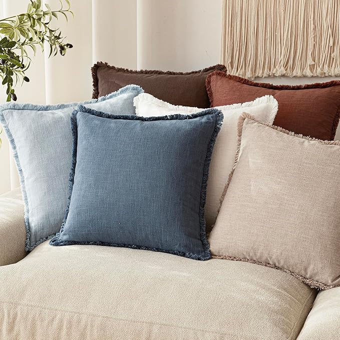 Foindtower Set of 2 Decorative Linen Fringe Throw Pillow Covers Cozy Farmhouse Cushion Cover with Tassels Accent Pillowcase for Couch Chair Sofa Bed Living Room Home Decor,20×20 Inch,Dark Blue